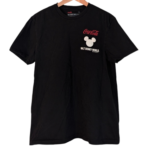 Walt Disney Coca Cola Mickey Mouse Logo Short Sleeve Crew Black Tee Shirt Top - Picture 1 of 5